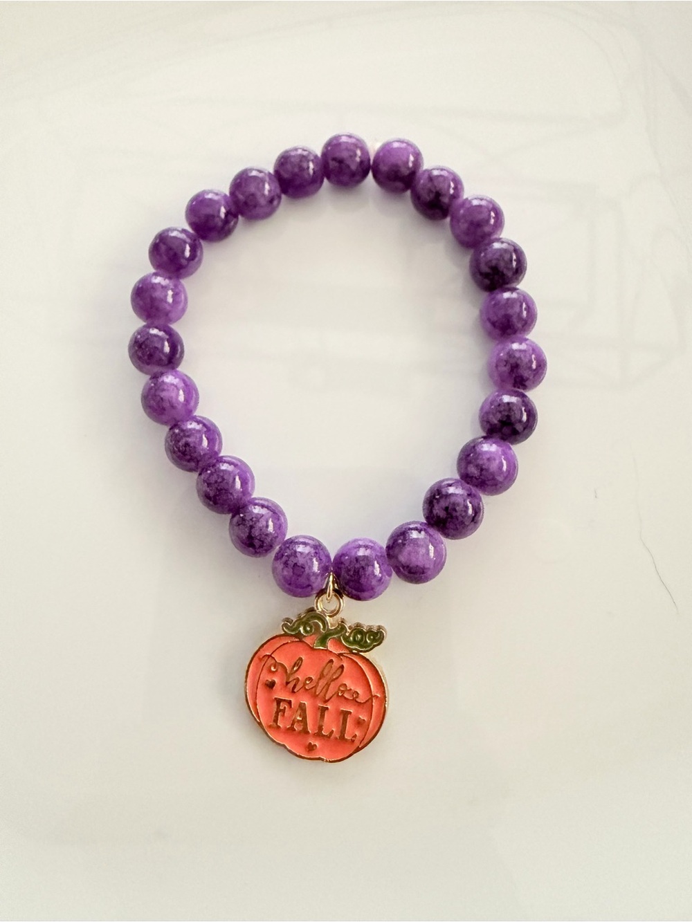 Purple Beaded Stretch Bracelet with Pumpkin 'Hello Fall' Charm